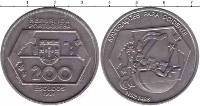 Монета 200 эскудо Португалии 1991 года Медно-никель Португальские открытия