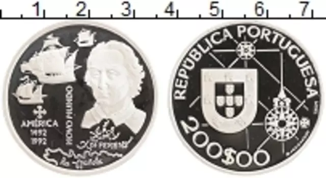 Монета 200 эскудо Португалии 1992 года Серебро 500 лет открытия Америки