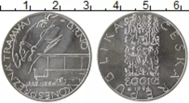 Монета 200 крон Чехии 1994 года Серебро 125 лет первого трамвая города Брно