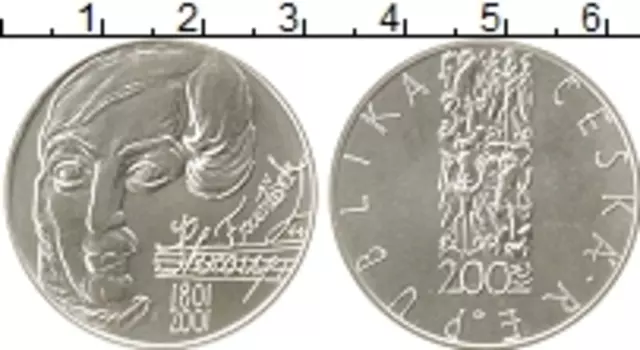 Монета 200 крон Чехии 2001 года Серебро 200 лет со дня рождения Франтишека Шкроупа
