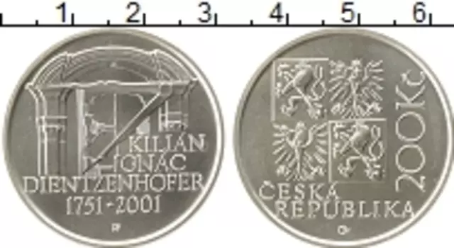 Монета 200 крон Чехии 2001 года Серебро 250 лет со дня смерти Килиана Игнаца Динценхофера