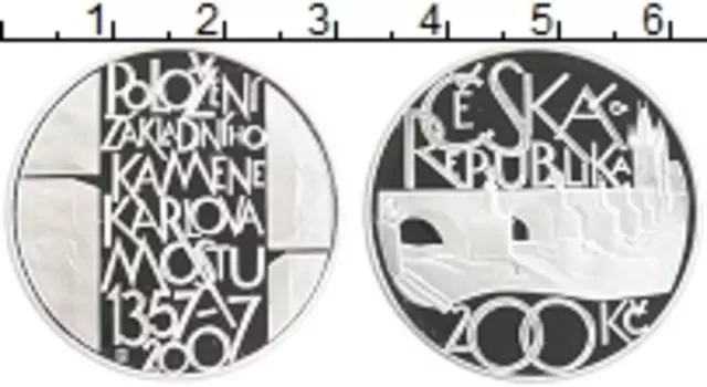 Монета 200 крон Чехии 2007 года Серебро 650 лет Карлову мосту