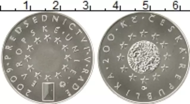 Монета 200 крон Чехии 2009 года Серебро Председательство Чехии с совете ЕС