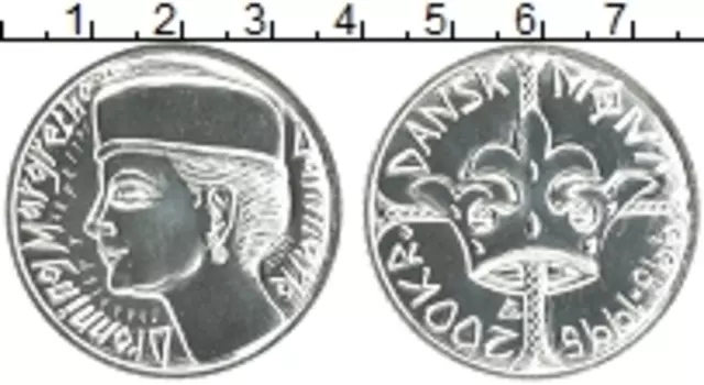 Монета 200 крон Дании 1995 года Серебро 1000 лет Датской монетной системы