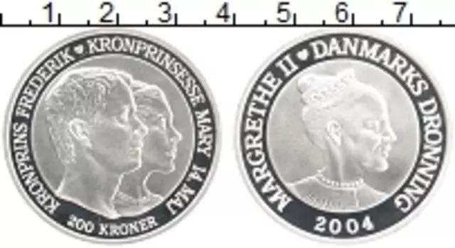Монета 200 крон Дании 2004 года Серебро Свадьба Кронпринца Фредерика и принцессы Мэри