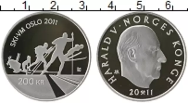 Монета 200 крон Норвегии 2011 года Серебро Чемпионат мира по лыжным видам спорта в Осло
