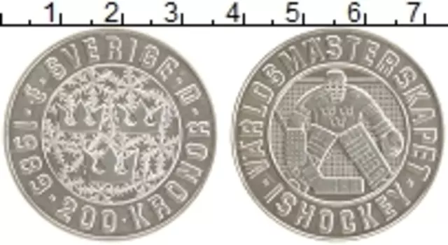 Монета 200 крон Швеции 1989 года Серебро Чемпионат мира по хоккею
