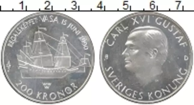 Монета 200 крон Швеции 1990 года Серебро Боевой корабль Ваза