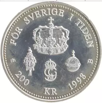 Монета 200 крон Швеции 1998 года Серебро 25 лет правления Карла XVI Густава
