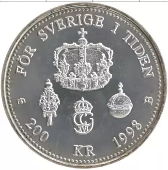 Монета 200 крон Швеции 1998 года Серебро 25 лет правления Карла XVI Густава
