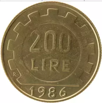 Монета 200 лир Италии 1986 года Латунь