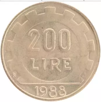 Монета 200 лир Италии 1988 года Латунь