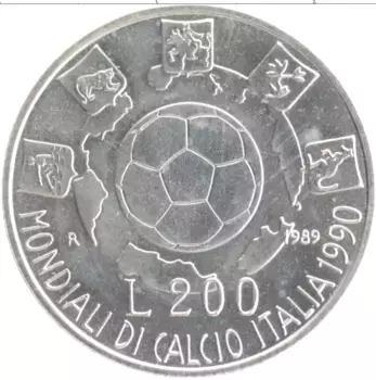 Монета 200 лир Италии 1989 года Серебро Чемпионат Мира по футболу