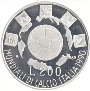 Монета 200 лир Италии 1989 года Серебро Чемпионат мира по футболу 1990