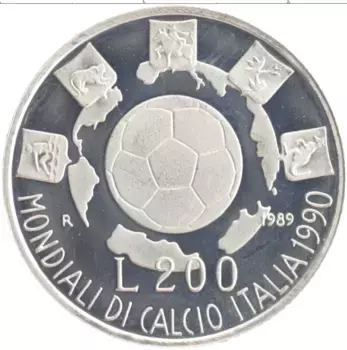 Монета 200 лир Италии 1989 года Серебро Чемпионат мира по футболу 1990