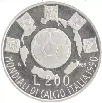 Монета 200 лир Италии 1989 года Серебро Чемпионат мира по футболу 1990