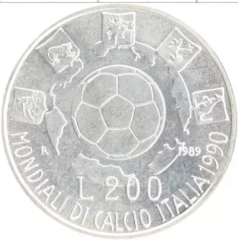 Монета 200 лир Италии 1989 года Серебро Чемпионат мира по футболу