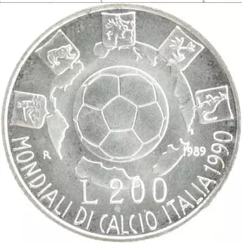 Монета 200 лир Италии 1989 года Серебро Чемпионат мира по футболу