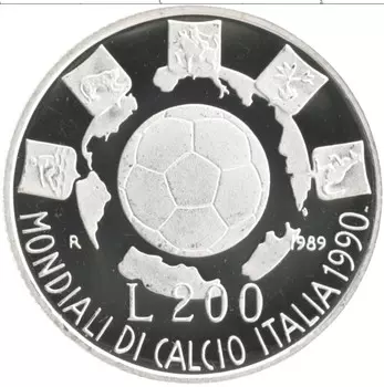 Монета 200 лир Италии 1989 года Серебро Чемпионат мира по футболу 90