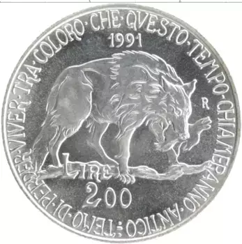Монета 200 лир Италии 1991 года Серебро Флора и фауна