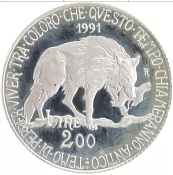 Монета 200 лир Италии 1991 года Серебро Итальянская флора и фауна - Волк