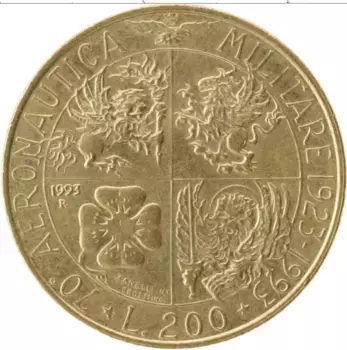 Монета 200 лир Италии 1993 года Латунь 70 лет военной авиации