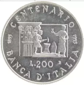 Монета 200 лир Италии 1993 года Серебро 100-летие Банка Италии