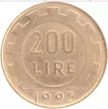 Монета 200 лир Италии 1995 года Латунь