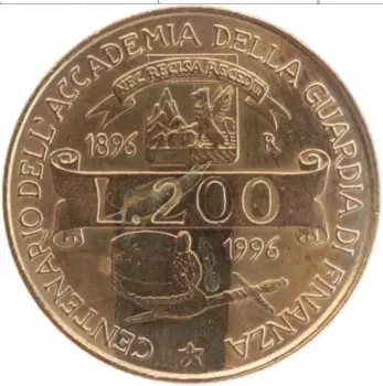 Монета 200 лир Италии 1996 года Бронза 100 лет Академии финансовой полиции