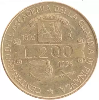 Монета 200 лир Италии 1996 года Бронза 100 лет Академии финансовой полиции