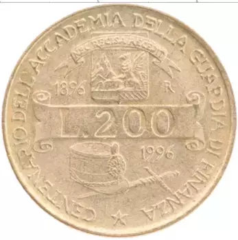 Монета 200 лир Италии 1996 года Бронза 100 лет Академии финансовой полиции