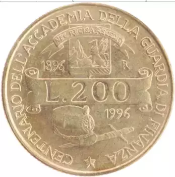 Монета 200 лир Италии 1996 года Бронза 100 лет таможне