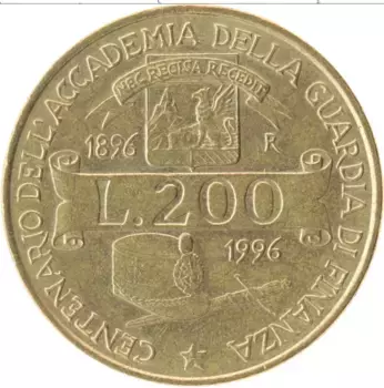Монета 200 лир Италии 1996 года Латунь 100 лет Академии финансовой полиции