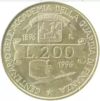 Монета 200 лир Италии 1996 года Латунь 100 лет Академии финансовой полиции