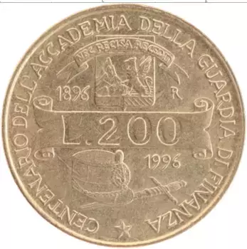 Монета 200 лир Италии 1996 года Латунь 100 лет Академии финансовой полиции