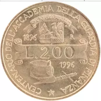 Монета 200 лир Италии 1996 года Латунь Столетие - Таможни
