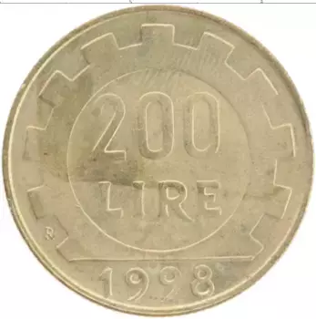 Монета 200 лир Италии 1998 года Латунь