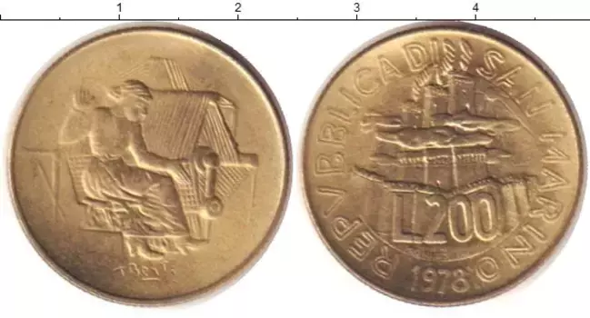 Монета 200 лир Сан-Марино 1978 года Медь Ткачиха