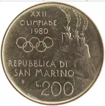 Монета 200 лир Сан-Марино 1980 года Бронза XXII Летние олимпийские игры в Москве