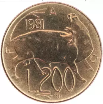 Монета 200 лир Сан-Марино 1981 года Латунь Корова