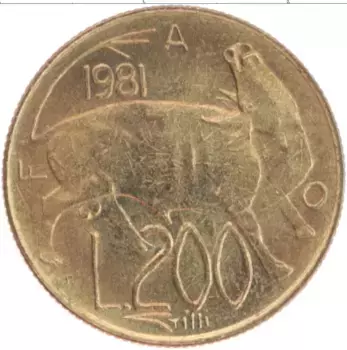 Монета 200 лир Сан-Марино 1981 года Латунь