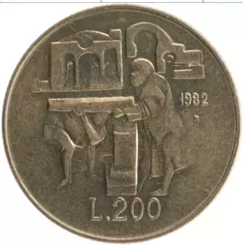 Монета 200 лир Сан-Марино 1982 года Бронза Социальные завоевания