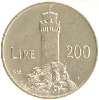 Монета 200 лир Сан-Марино 1988 года Бронза Башня