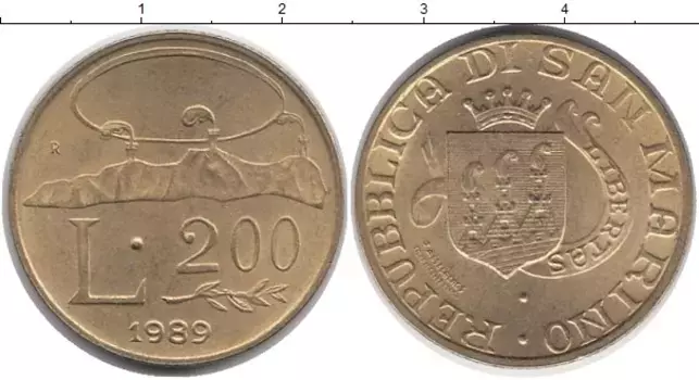 Монета 200 лир Сан-Марино 1989 года Латунь