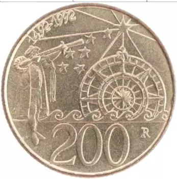Монета 200 лир Сан-Марино 1992 года Латунь 500 лет открытия Америки