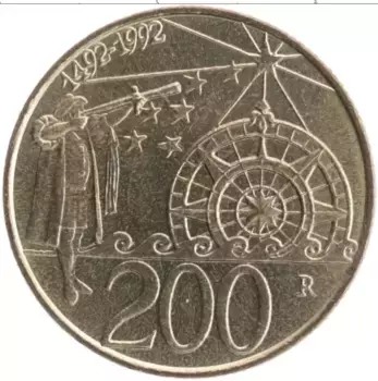 Монета 200 лир Сан-Марино 1992 года Бронза 500-летие открытия Америки