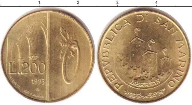 Монета 200 лир Сан-Марино 1993 года Латунь