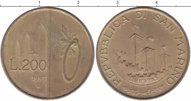 Монета 200 лир Сан-Марино 1993 года Латунь