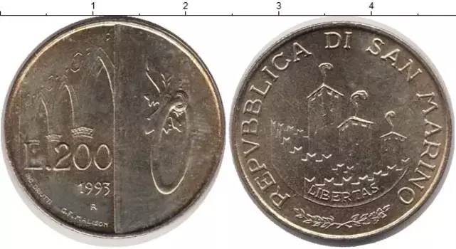 Монета 200 лир Сан-Марино 1993 года Латунь
