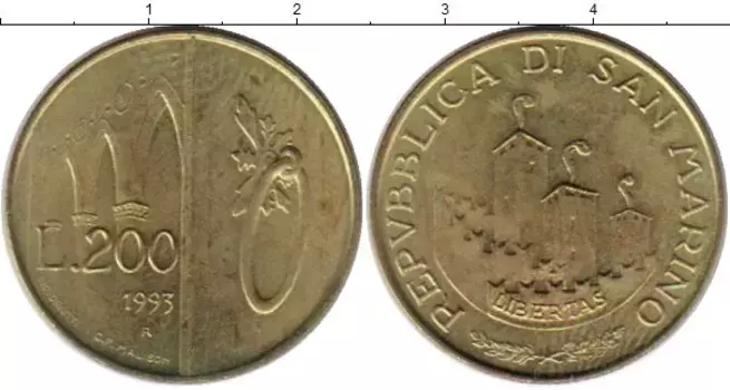 Монета 200 лир Сан-Марино 1993 года Латунь